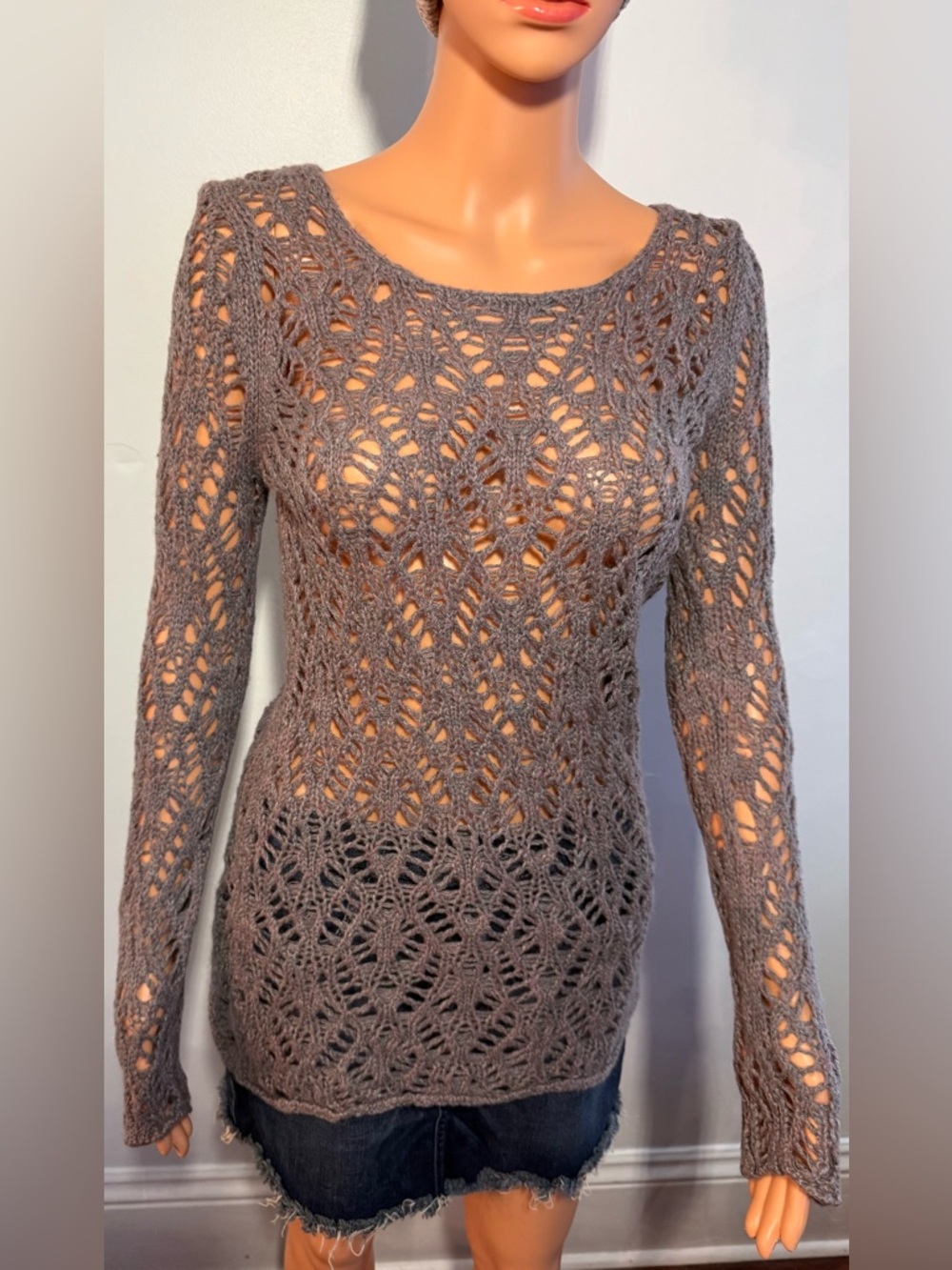 Moda International purple/gray crocheted sweater/tunic. Sz. M